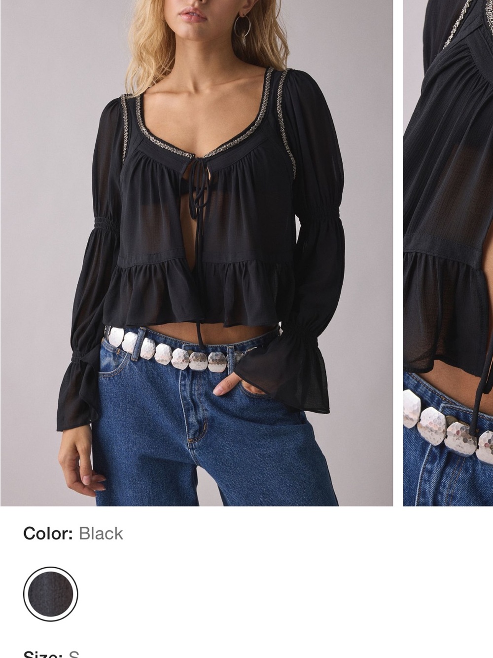 Urban Outfitters Black Sheer Tie-Front Peasant Blouse